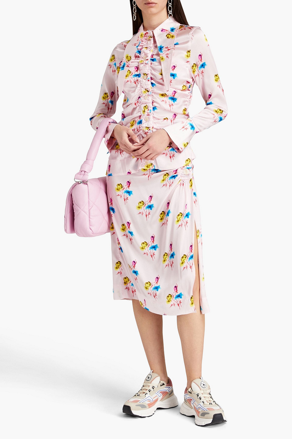 Shop Ganni Ruched Floral-print Silk-blend Satin Midi Wrap Skirt In Baby Pink