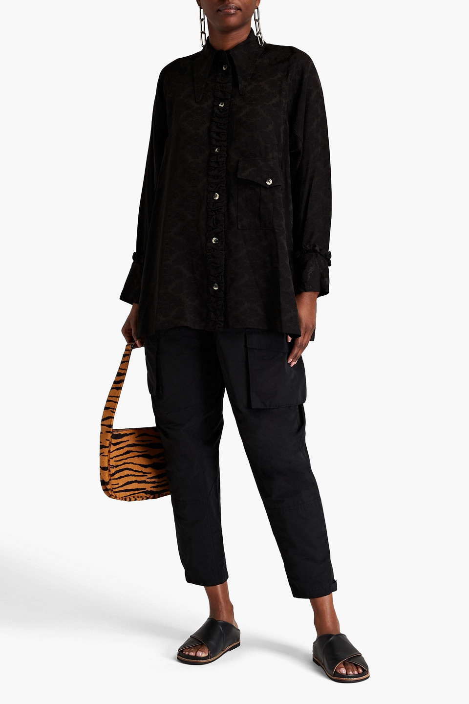 Ganni Floral-jacquard Shirt In Black