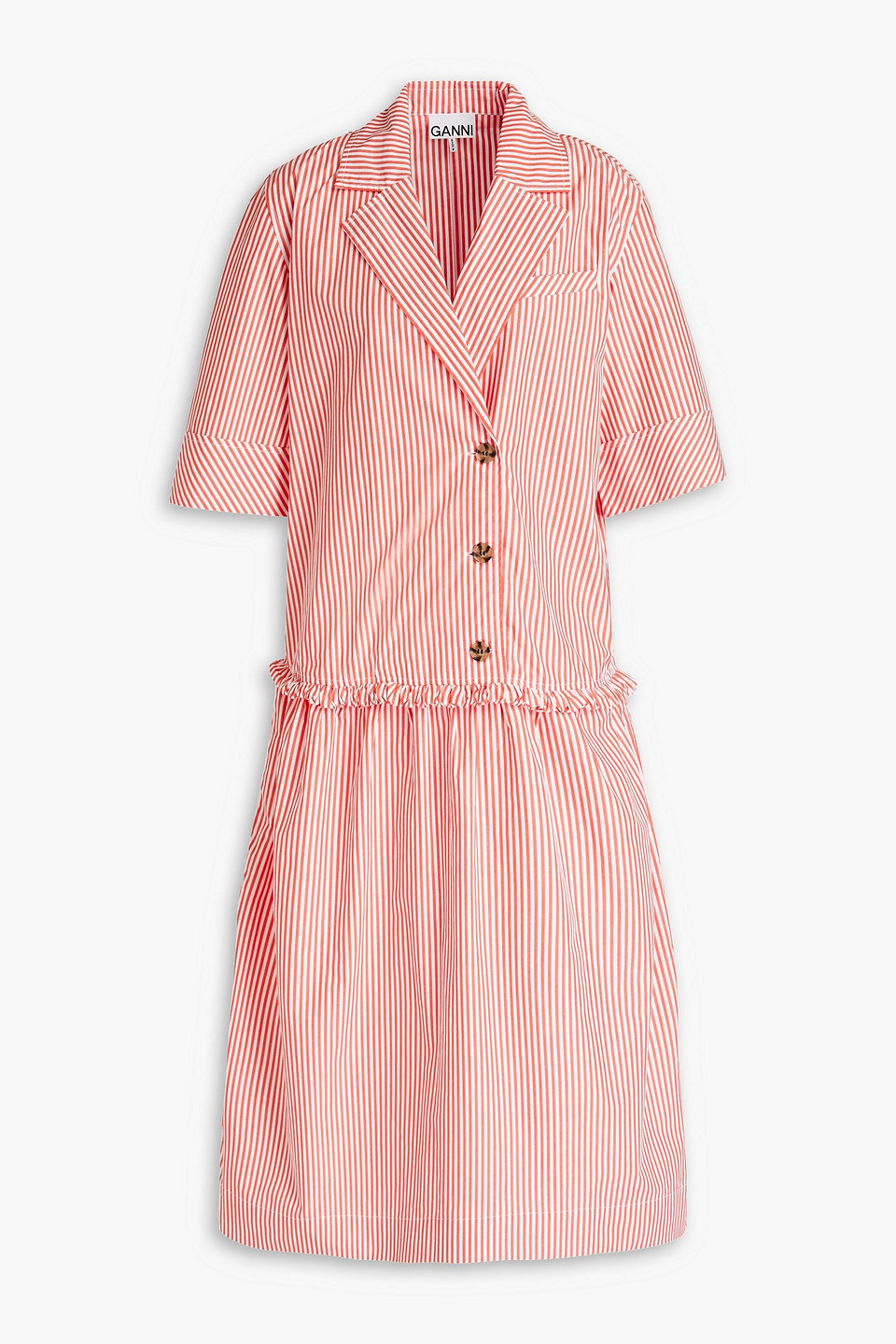 Ganni Gathered Striped Cotton-poplin Midi Shirt Dress In Orange