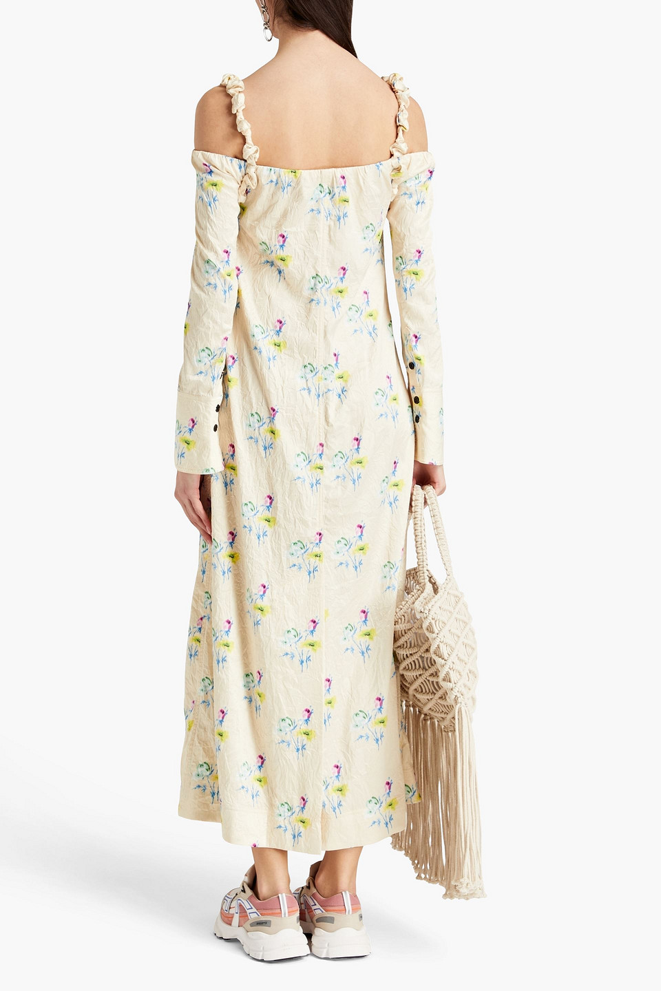 Ganni Cold-shoulder Floral-print Crinkled-recycled Satin Dress In Cream
