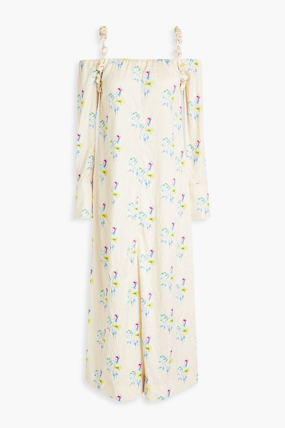 Ganni Cold-shoulder Floral-print Crinkled-recycled Satin Dress In Cream