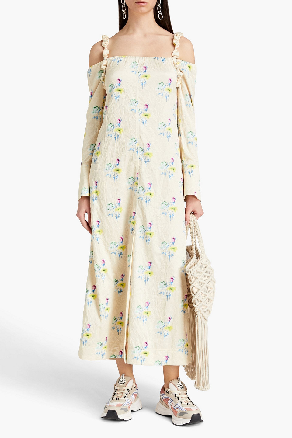 Ganni Cold-shoulder Floral-print Crinkled-recycled Satin Dress In Cream
