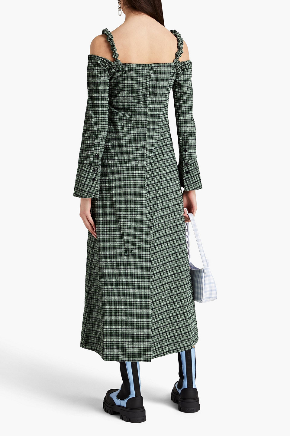 Ganni Cold-shoulder Gathered Checked Seersucker Midi Dress In Green