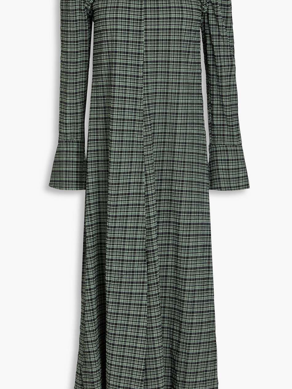 cold-shoulder checked seersucker midi dress