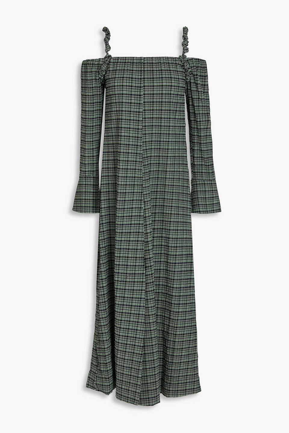 Ganni Cold-shoulder Gathered Checked Seersucker Midi Dress In Green