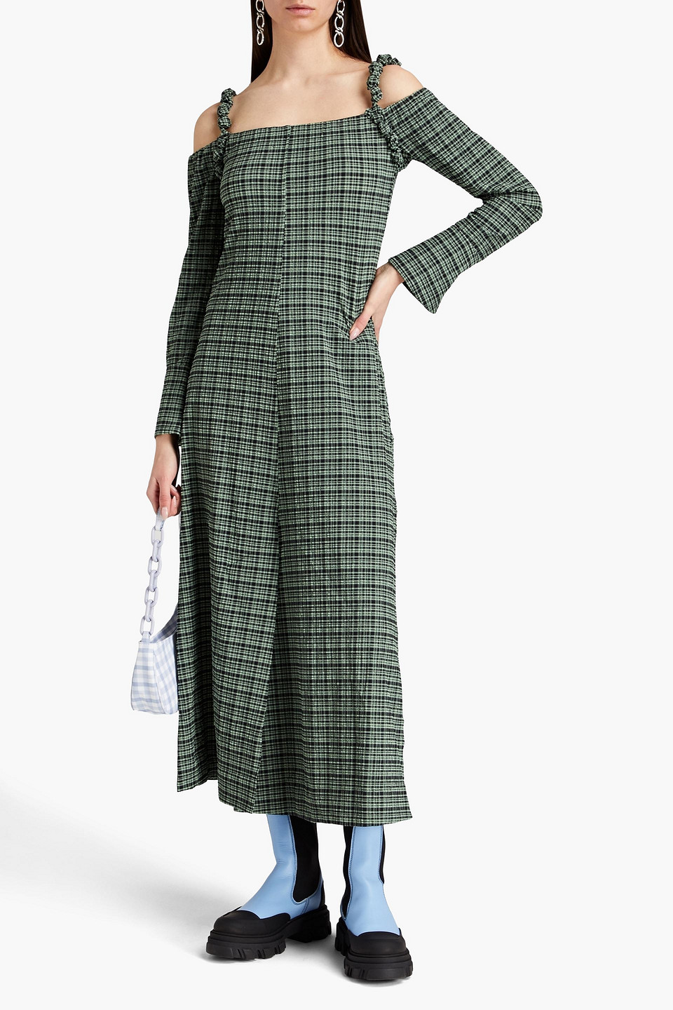 Ganni Cold-shoulder Gathered Checked Seersucker Midi Dress In Green