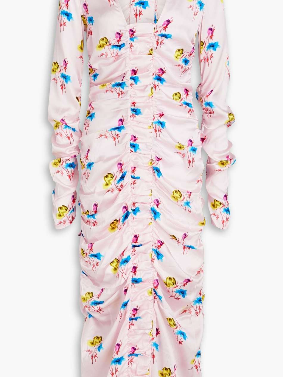 ruched floral-print stretch-silk satin midi dress