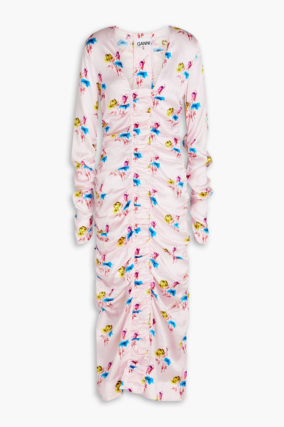 ganni - ruched floral-print stretch-silk satin midi dress - pink - eu 34