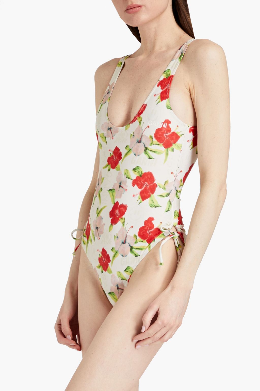 GANNI Tie-detailed floral-print swimsuit