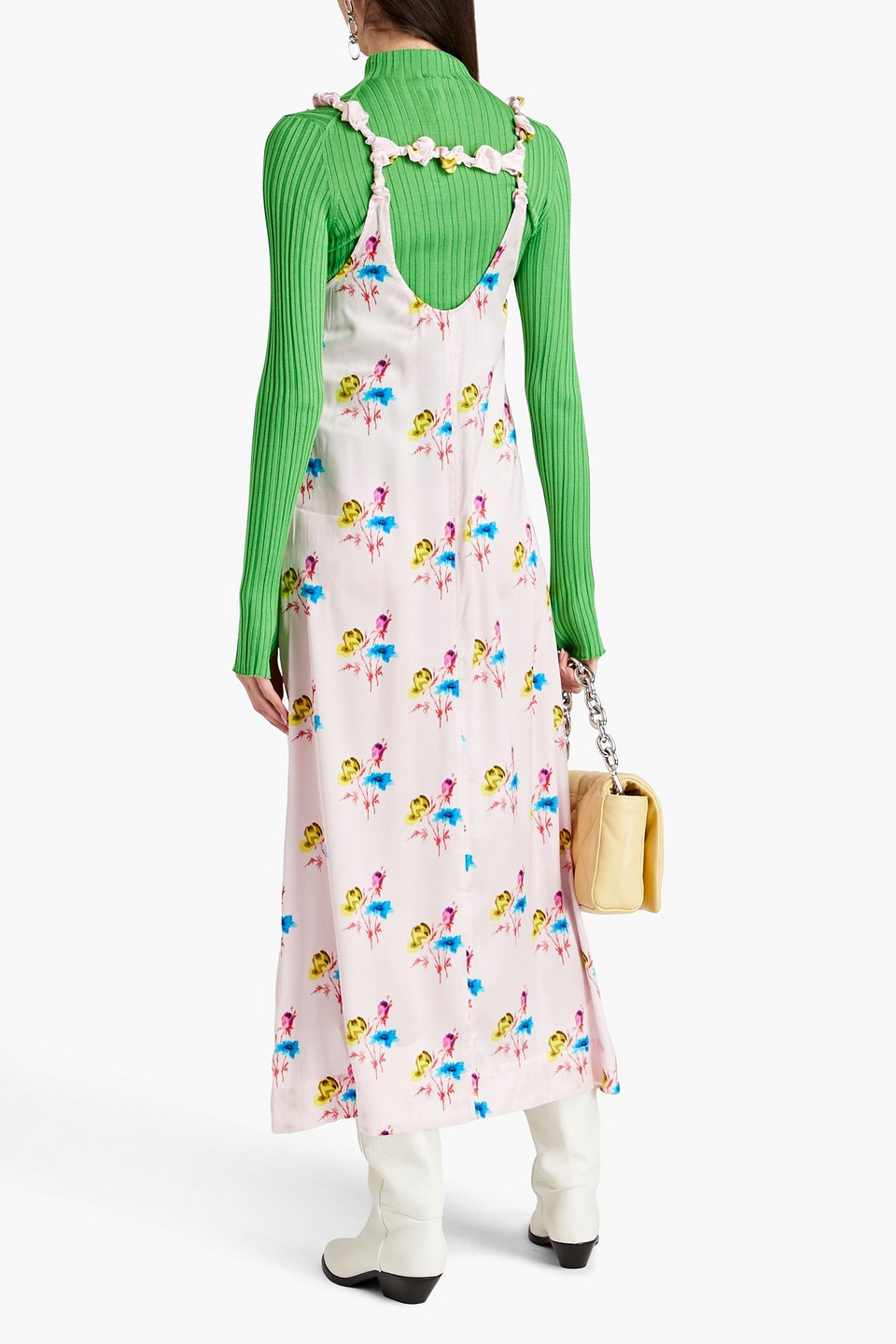 Ganni Knotted Cutout Floral-print Silk-blend Satin Midi Dress In Baby Pink