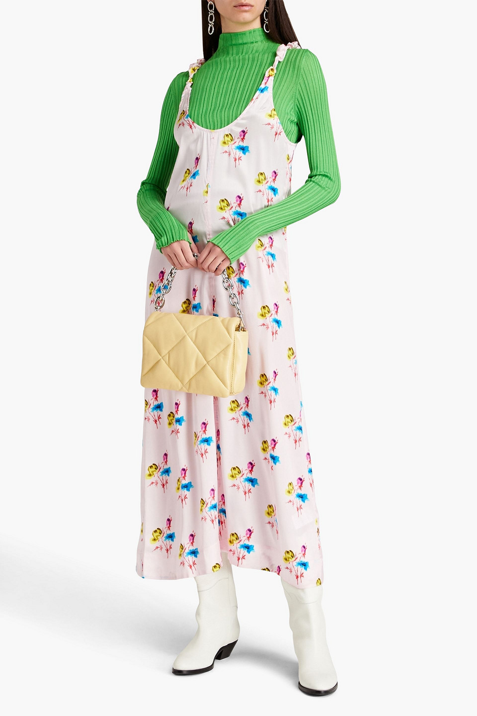 Ganni Knotted Cutout Floral-print Silk-blend Satin Midi Dress In Baby Pink