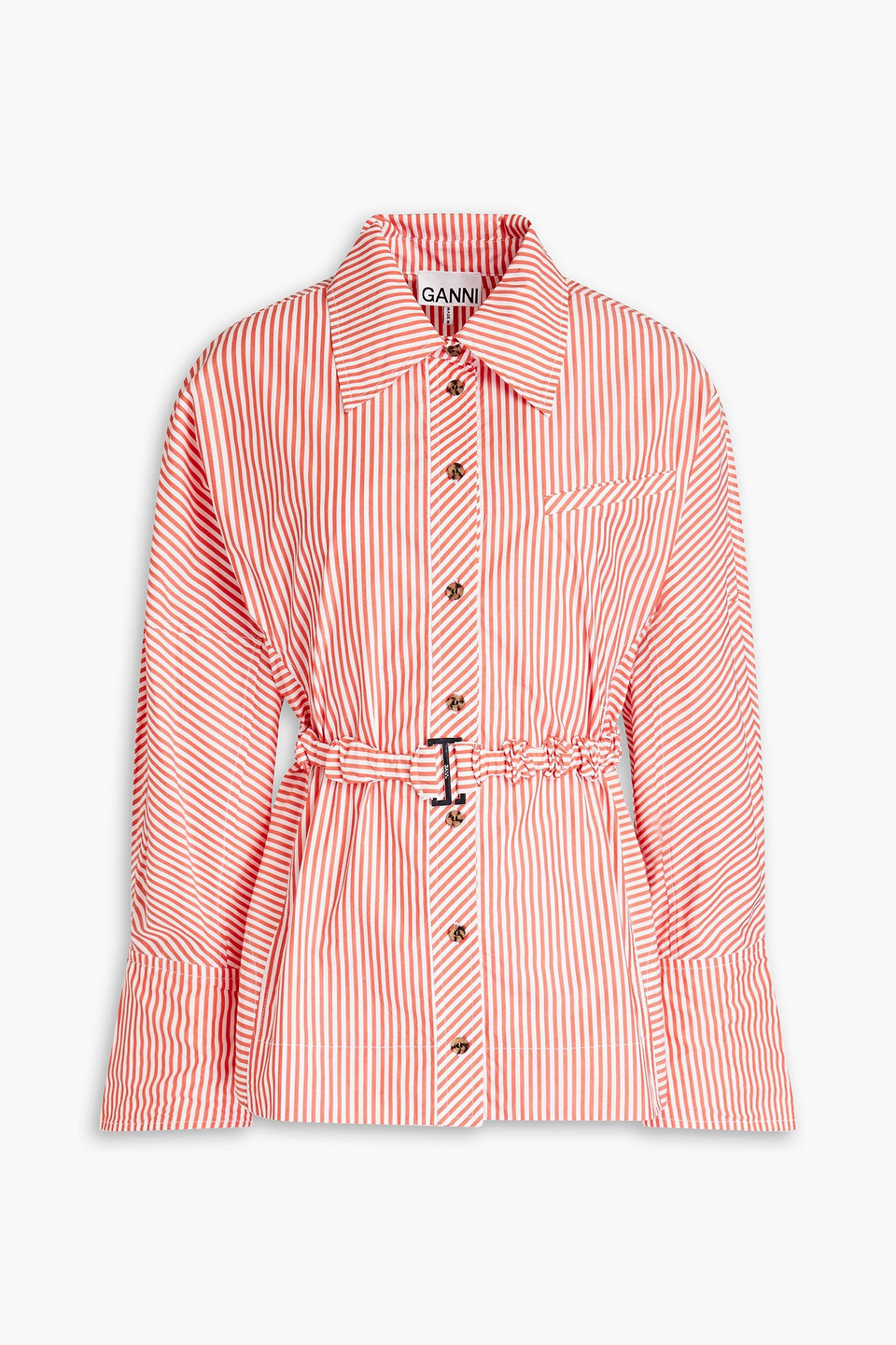 GANNI - Belted striped cotton-poplin shirt - Orange - DE 36