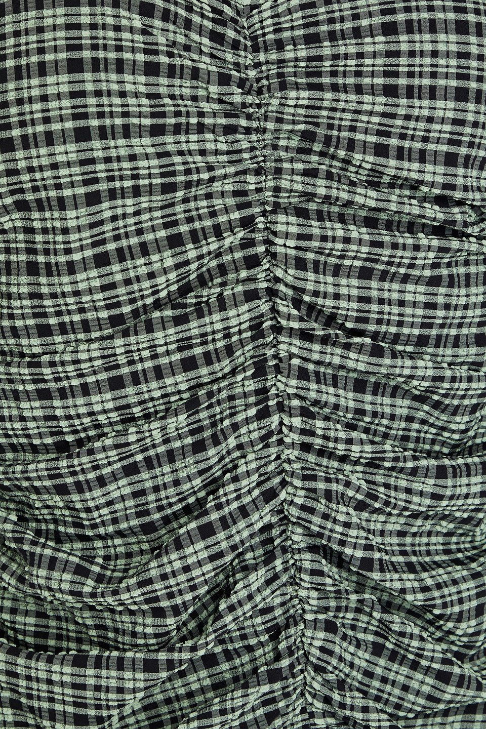 Ganni Check Ruched Stretch Seersucker Blouse In Green