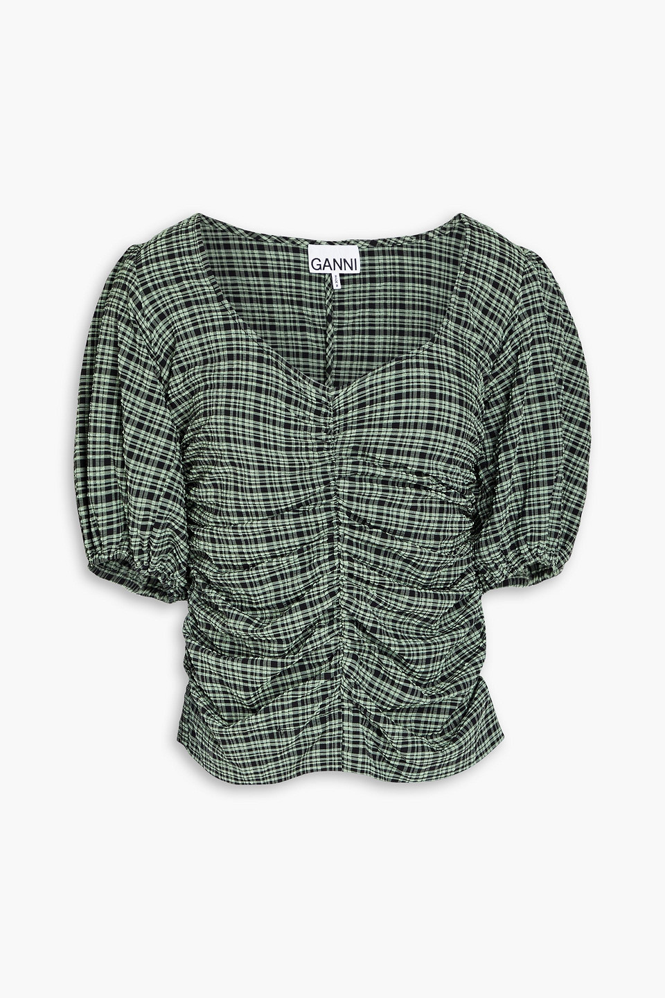 Ganni Check Ruched Stretch Seersucker Blouse In Green