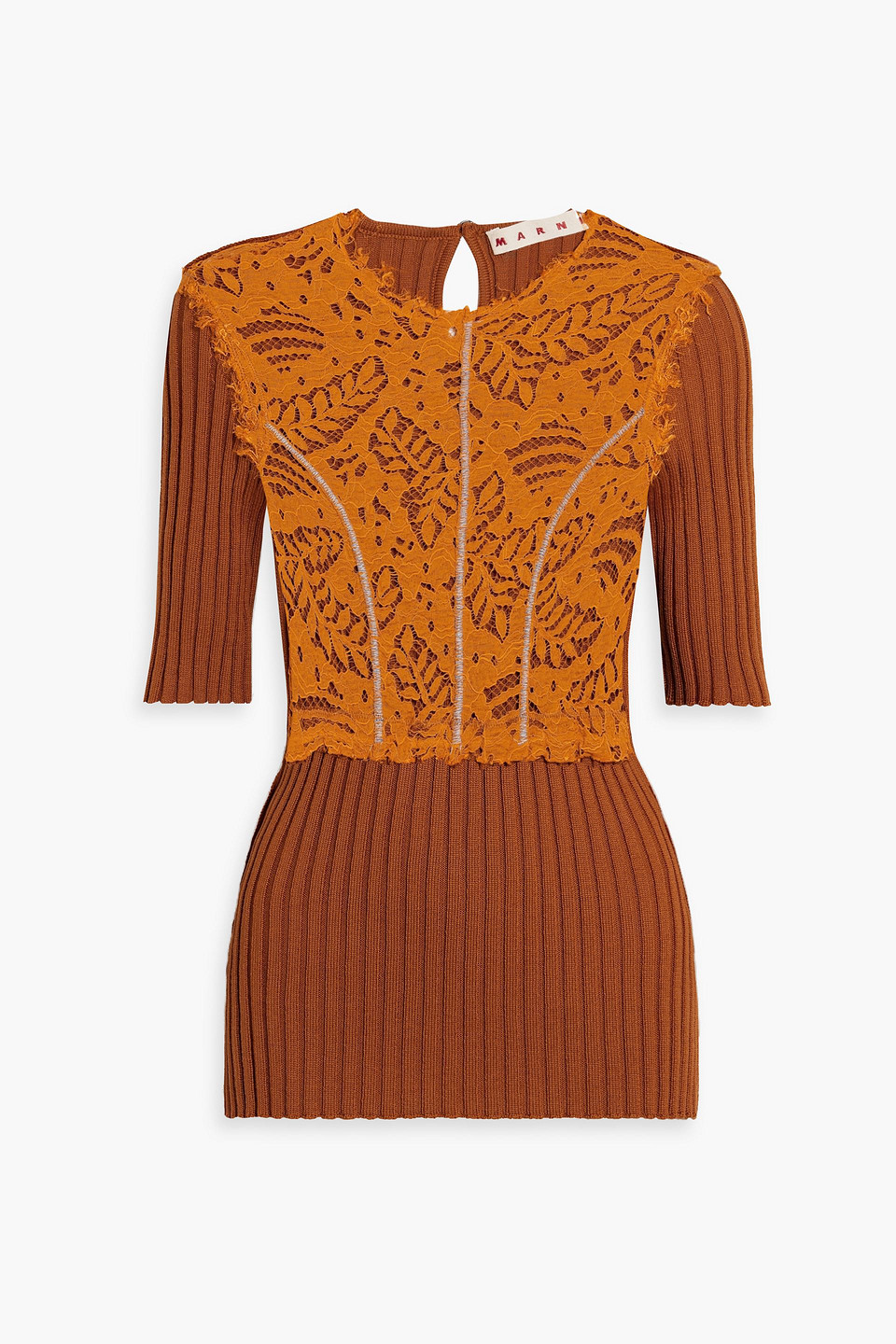 Marni Corded Lace-paneled Ribbed-knit Top In Tan