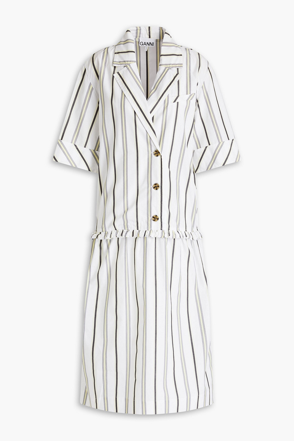 Ganni Gathered Striped Cotton-poplin Midi Shirt Dress In Pastel Yellow