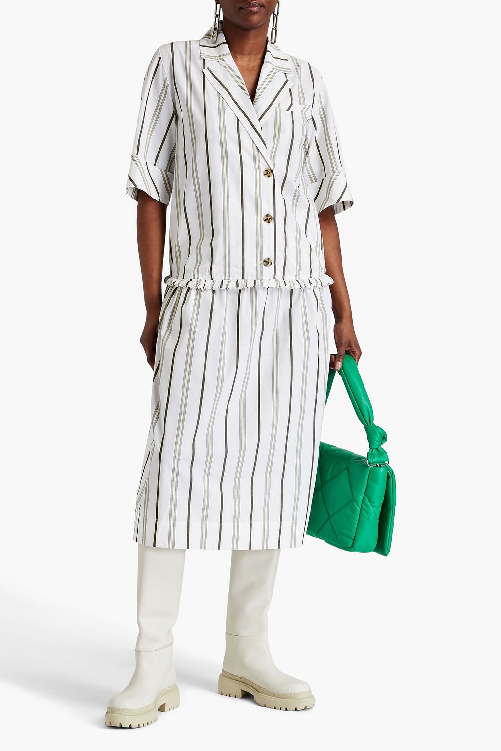 GANNI Gathered striped cotton-poplin midi shirt dress