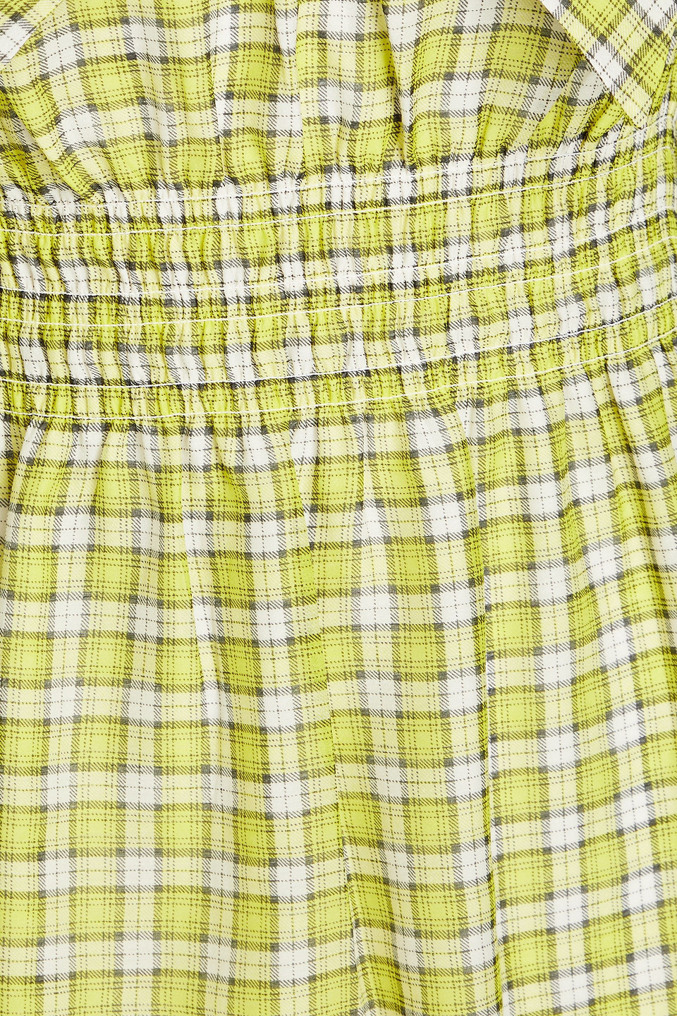 Ganni Shirred Checked Woven Mini Dress In Chartreuse