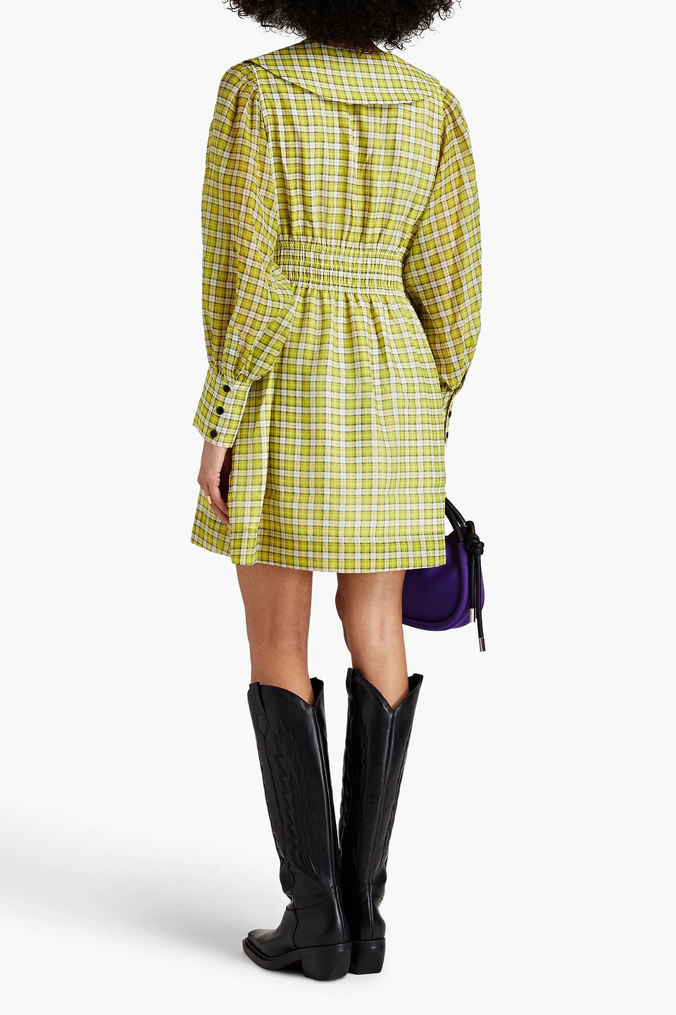 Ganni Shirred Checked Woven Mini Dress In Chartreuse