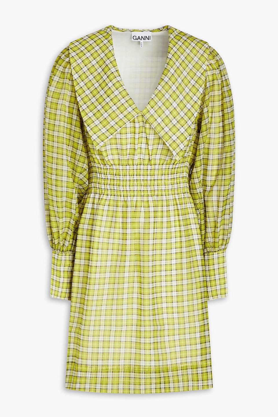 Ganni Shirred Checked Woven Mini Dress In Chartreuse