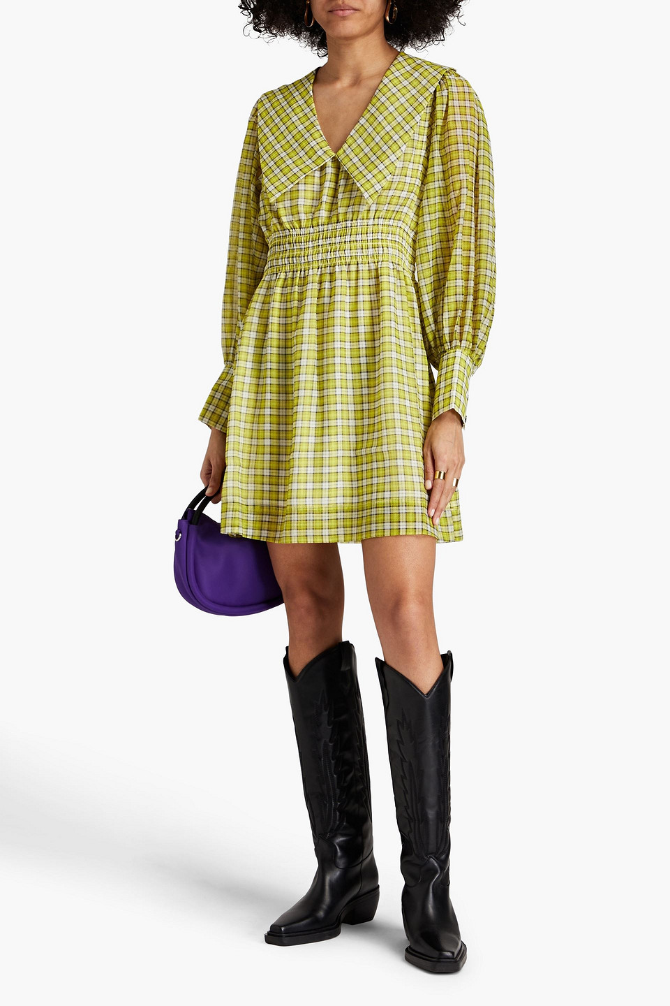 Ganni Shirred Checked Woven Mini Dress In Chartreuse