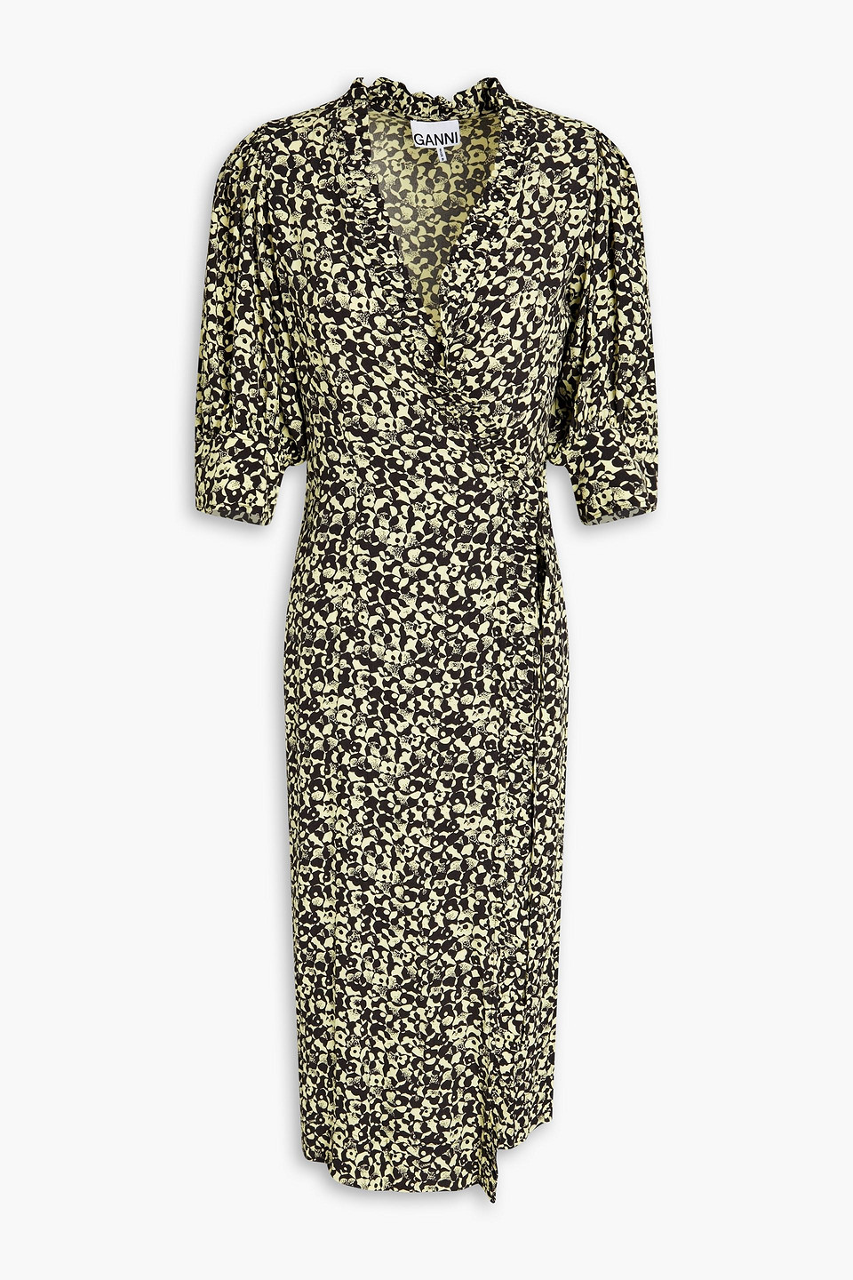 Ganni Printed Crepe Midi Wrap Dress In Multi | ModeSens