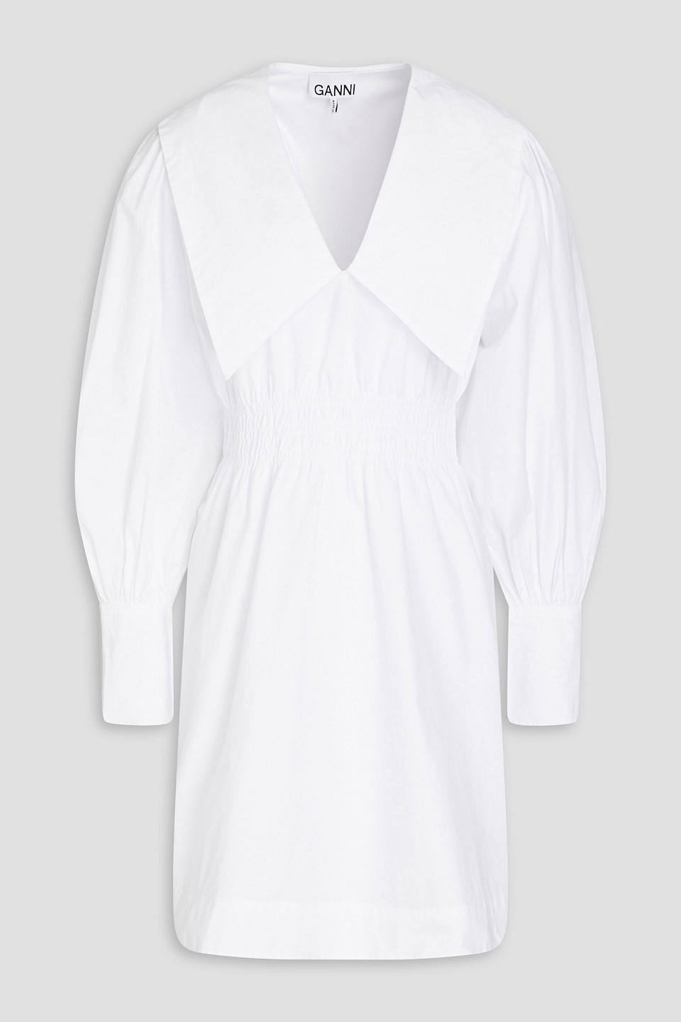 Ganni Shirred Organic Cotton-poplin Mini Dress In Bright White