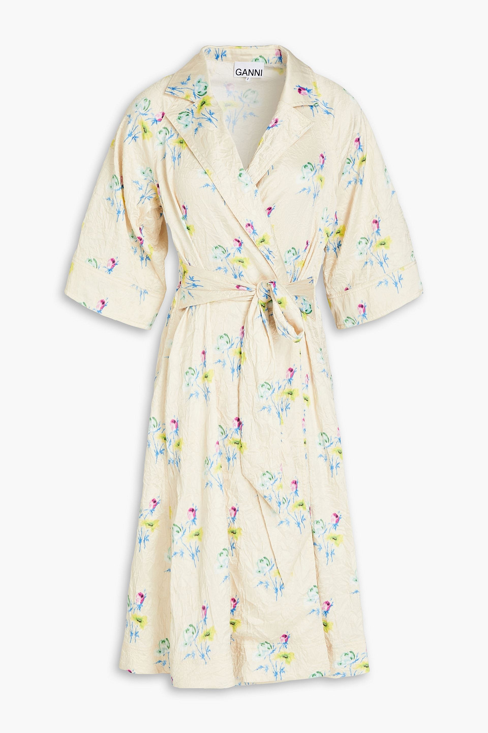 Shop Ganni Floral-print Crinkled-satin Wrap Dress In Cream