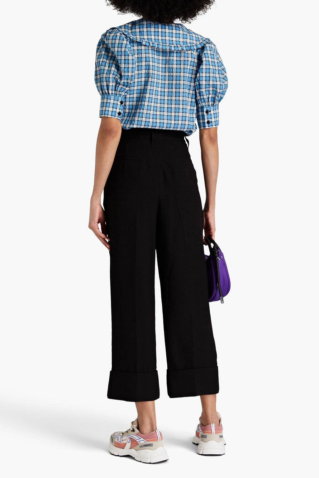 GANNI Checked cotton-blend seersucker top