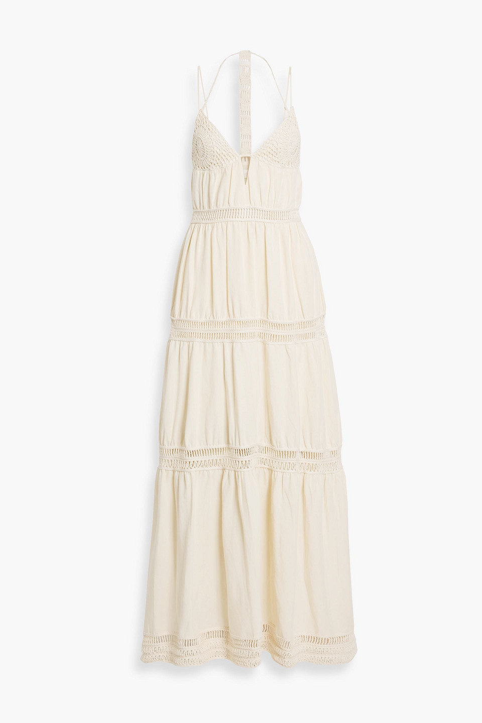 Jonathan Simkhai Crochet-trimmed Cutout Tencel And Linen-blend Shantung Maxi Dress In Cream