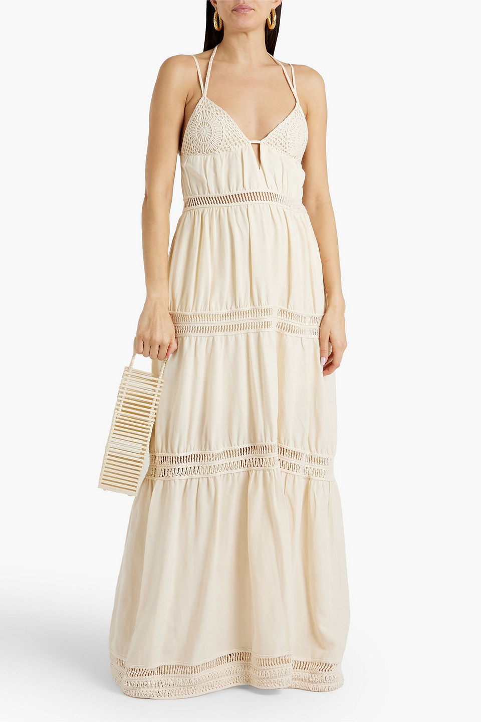 Shop Jonathan Simkhai Rocky Crochet-trimmed Cutout Tencel™ And Linen-blend Maxi Dress In Cream