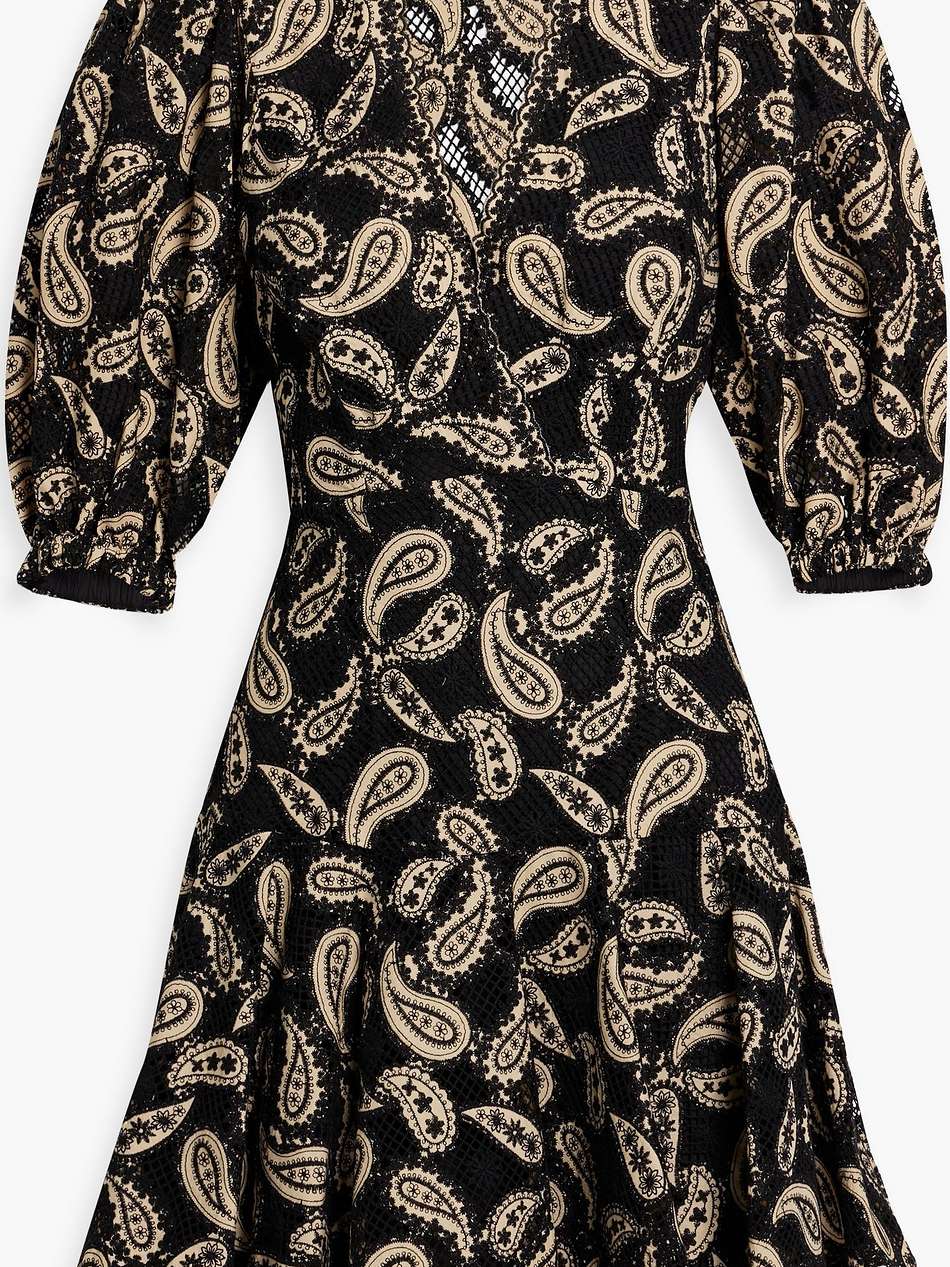 wrap-effect paisley-print crocheted lace mini dress