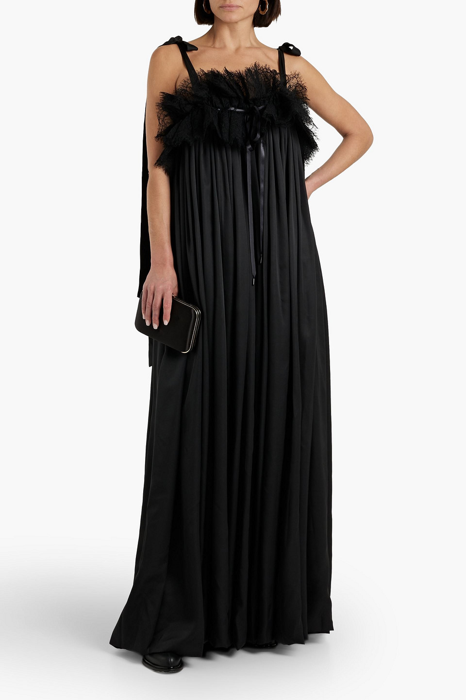 Lace Detail Silk Babydoll Dress In Black