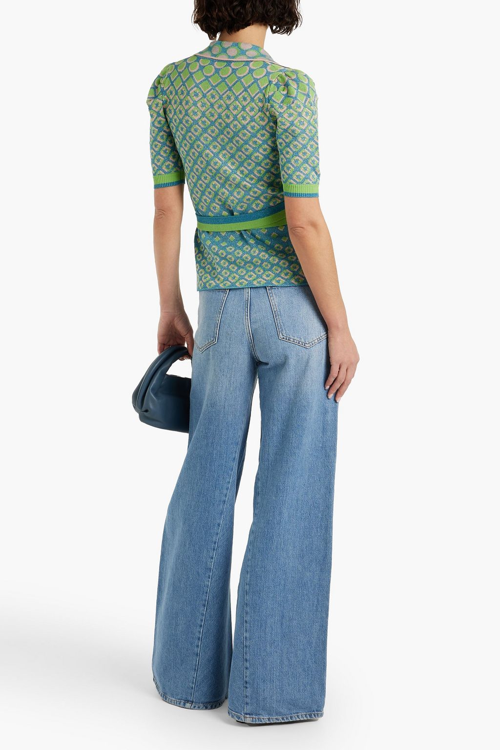 DIANE VON FURSTENBERG 메탈릭 자카드 니트 코튼 혼방 랩 탑