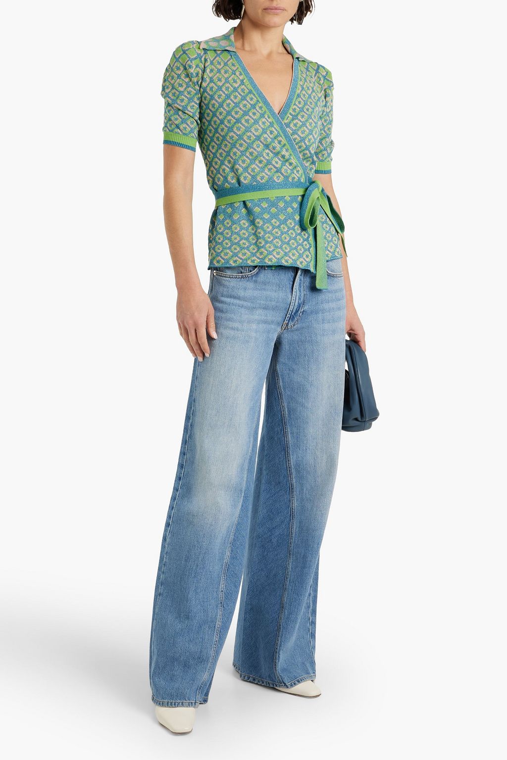 DIANE VON FURSTENBERG 메탈릭 자카드 니트 코튼 혼방 랩 탑
