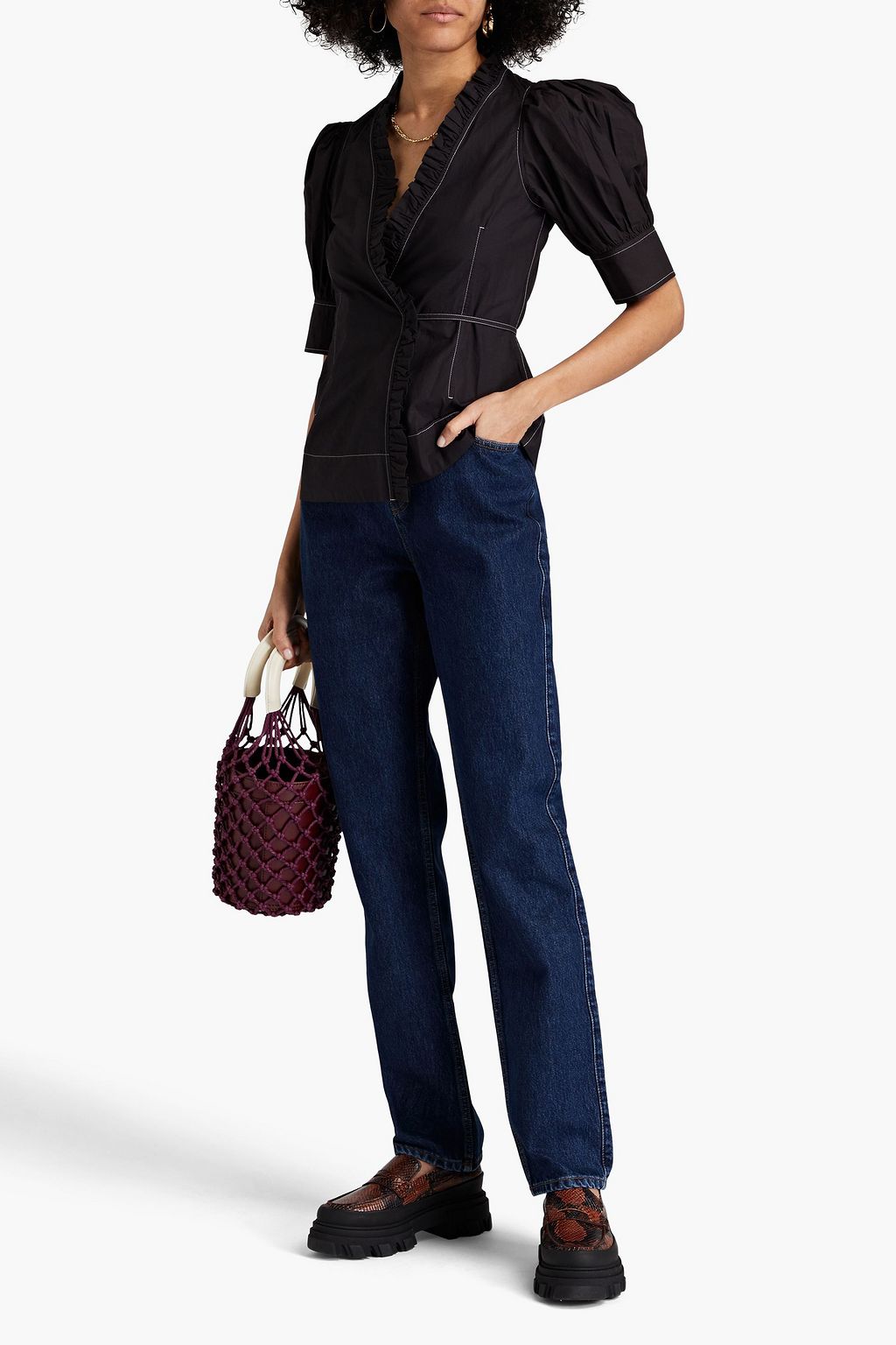 GANNI Cotton-poplin wrap blouse
