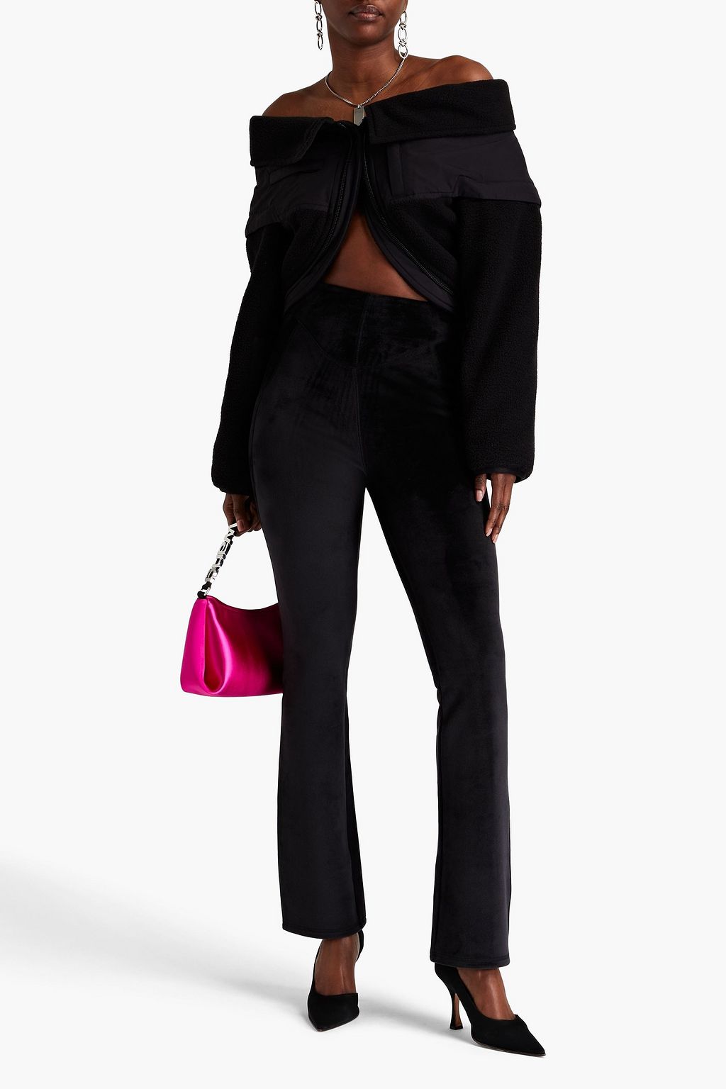 ALEXANDER WANG Off-the-shoulder cropped shell-paneled fleece jacket