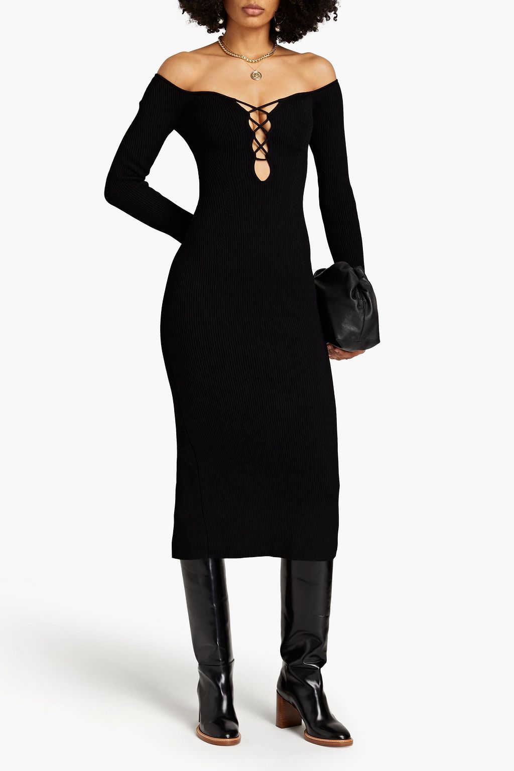 KHAITE Micah offtheshoulder laceup ribbedknit midi dress Sale up