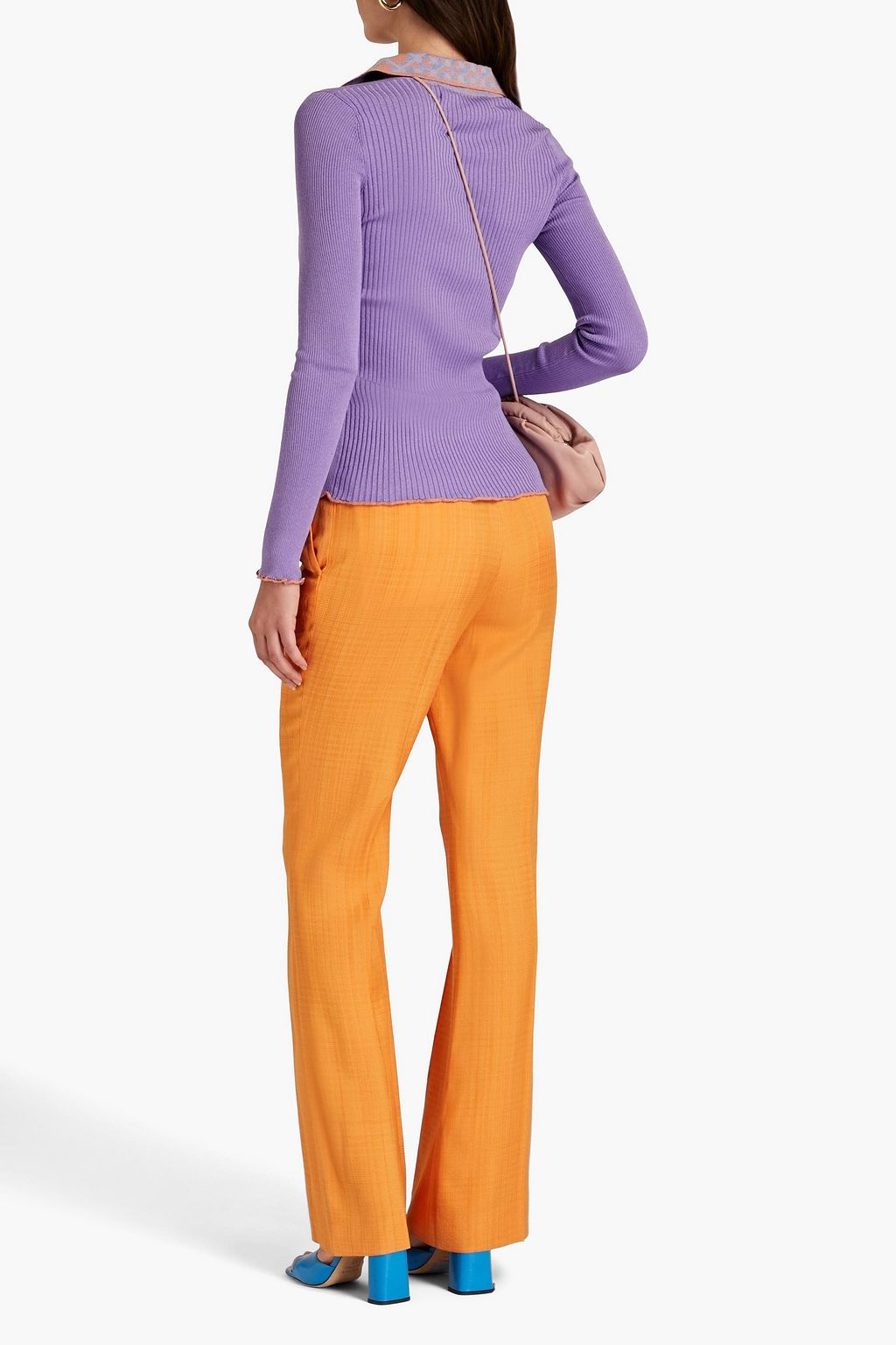 DIANE VON FURSTENBERG 메탈릭 컬러블록 리브 니트 폴로 셔츠