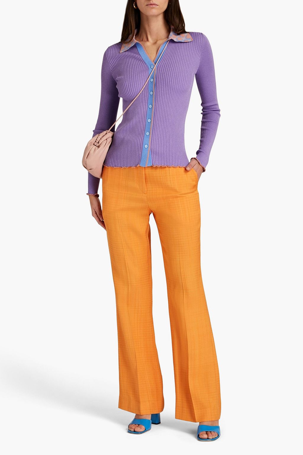 DIANE VON FURSTENBERG 메탈릭 컬러블록 리브 니트 폴로 셔츠