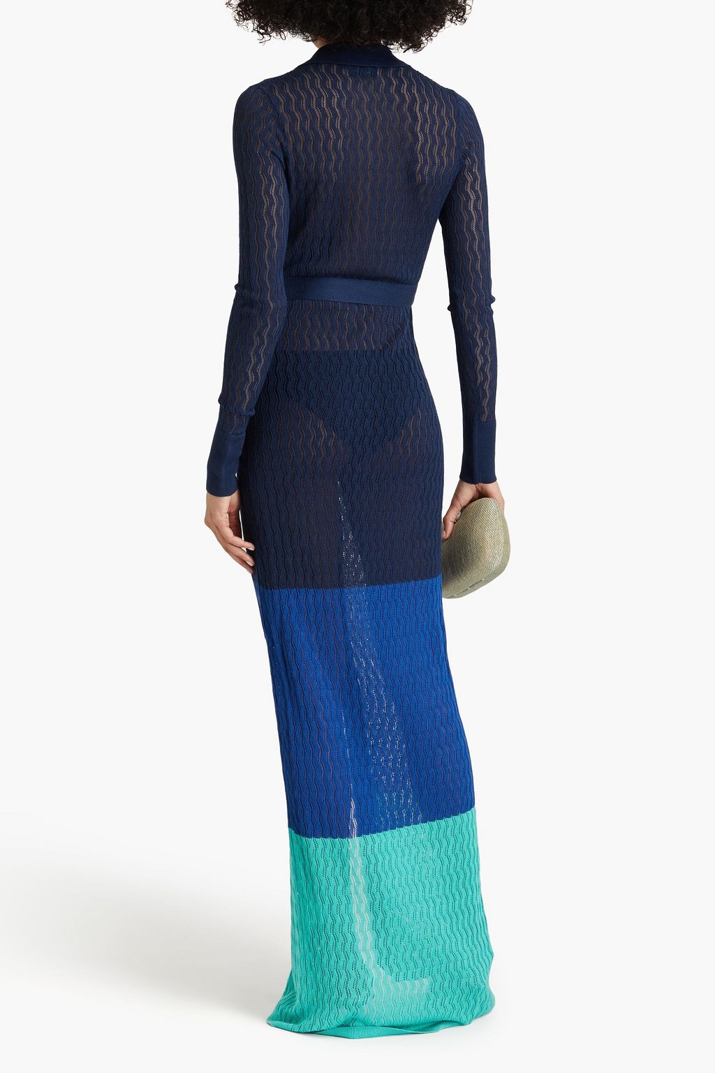 REBECCA VALLANCE Apulia color-block pointelle-knit Tencel maxi shirt dress