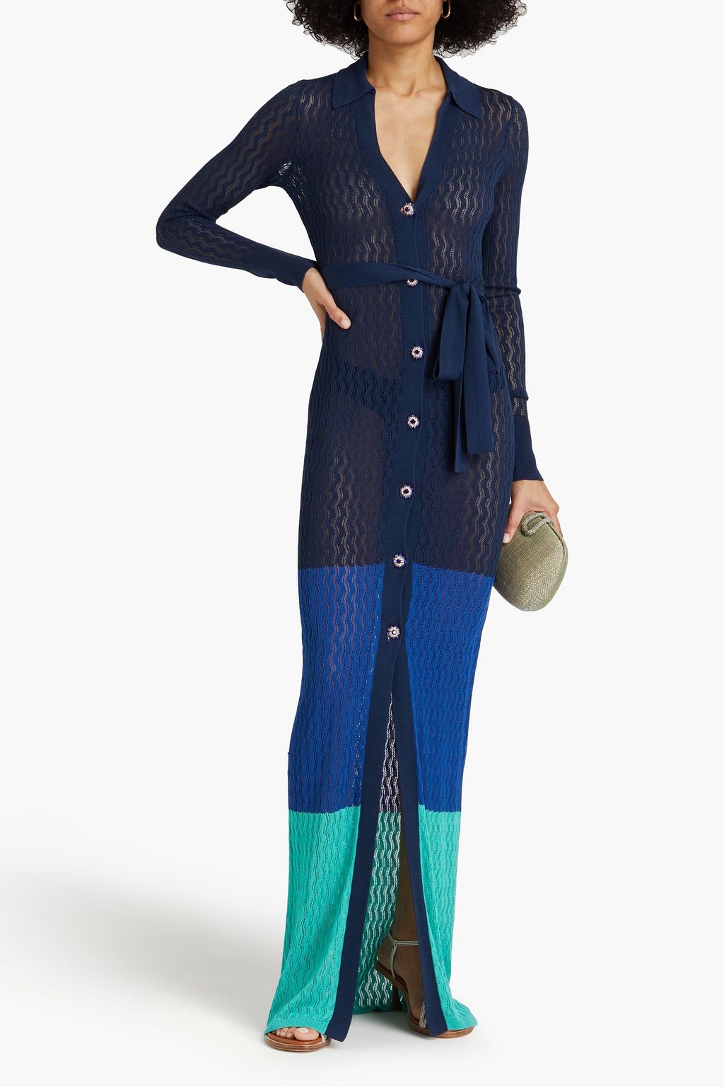 REBECCA VALLANCE Apulia color-block pointelle-knit Tencel maxi shirt dress