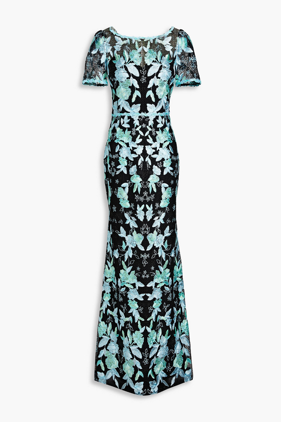 Marchesa Notte Floral-embroidered Tulle Trumpet Gown In Light Blue