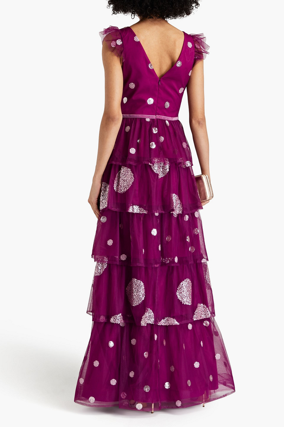 Shop Marchesa Notte Tiered Embellished Tulle Gown In Plum