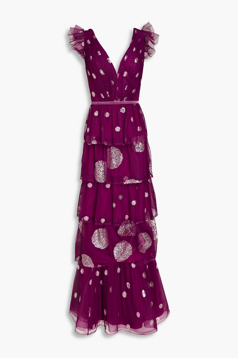 Marchesa Notte Tiered Polka-dot Tulle Gown In Plum