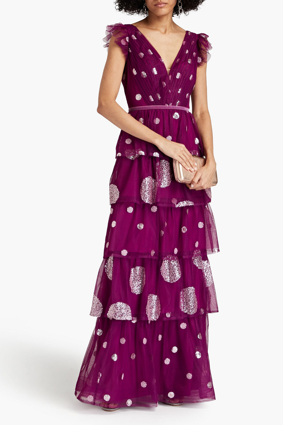 Shop Marchesa Notte Tiered Embellished Tulle Gown In Plum