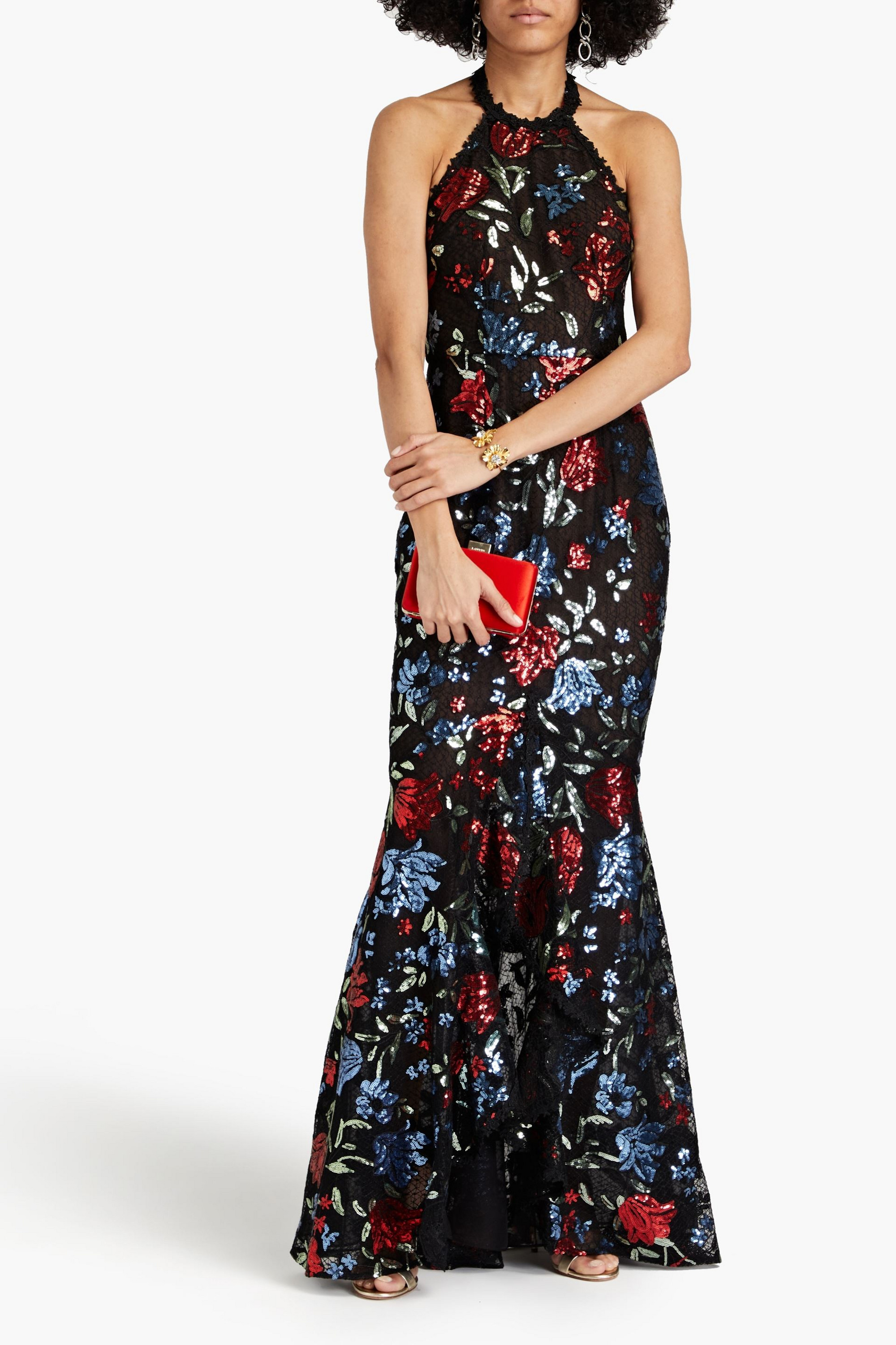 MARCHESA NOTTE Embellished ruffled tulle halterneck gown