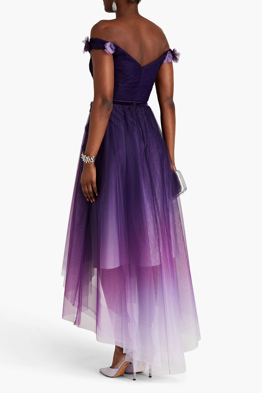 MARCHESA NOTTE Off-the-shoulder appliquéd dégradé tulle gown