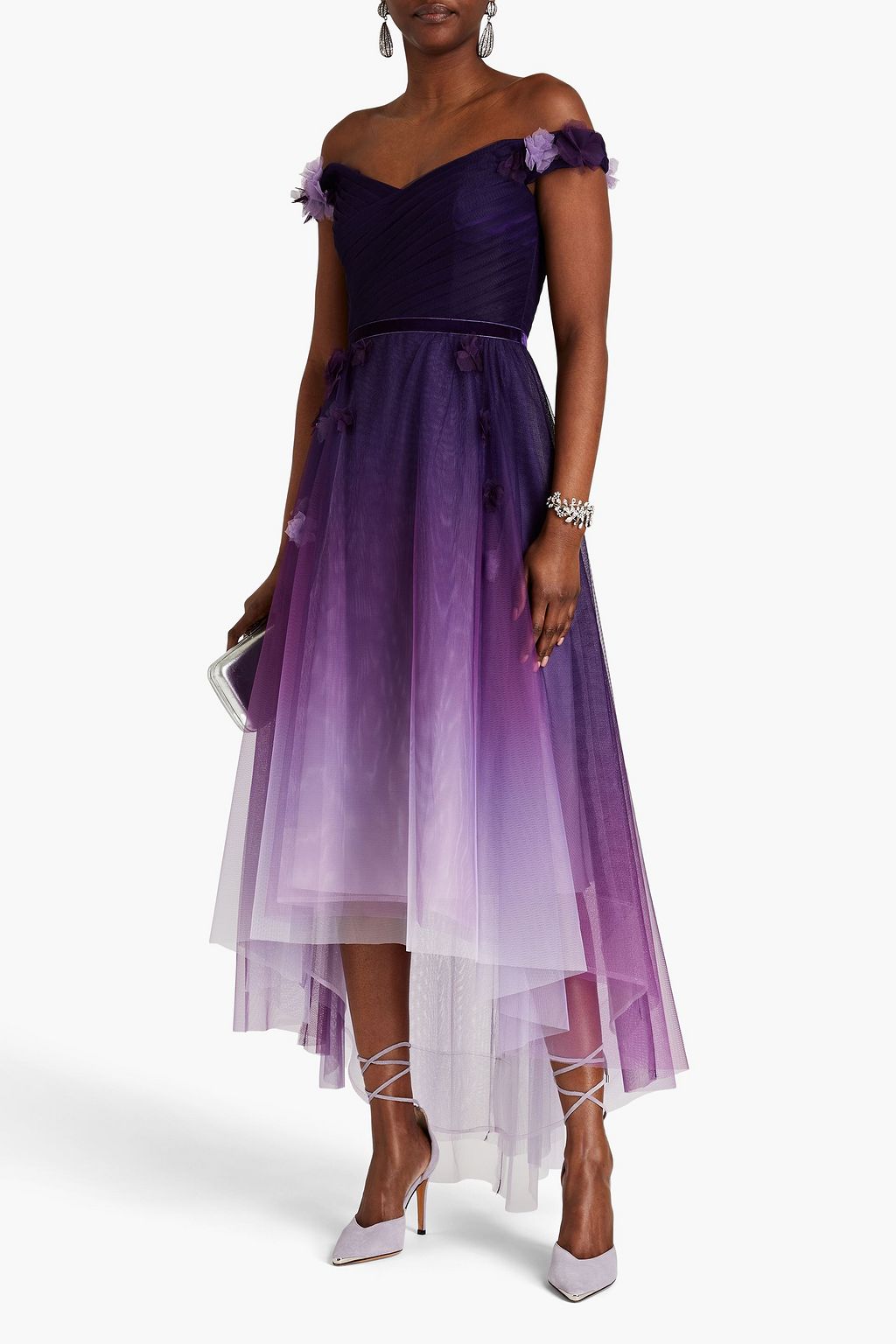 MARCHESA NOTTE Off-the-shoulder appliquéd dégradé tulle gown