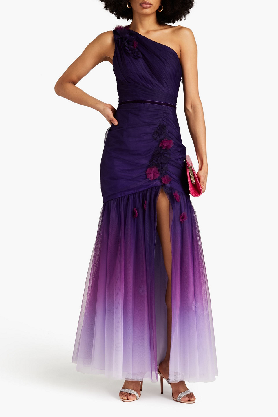  Marchesa Notte - Robe Aus Tüll Mit Floralen Applikationen, Farbverlauf Und Asymmetrischer Schulterpartie - Lila - Us 10 